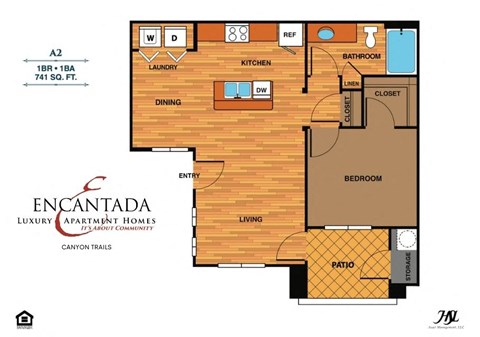 Floor plan for 1 bed, 1 bath, 741 sqft